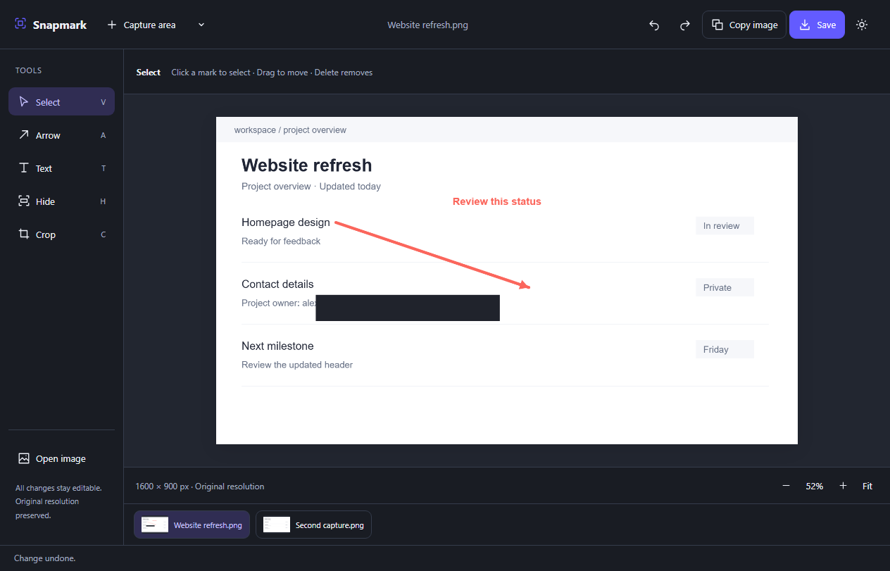 Snapmark editor in dark theme with multiple captures in the bottom tabs.