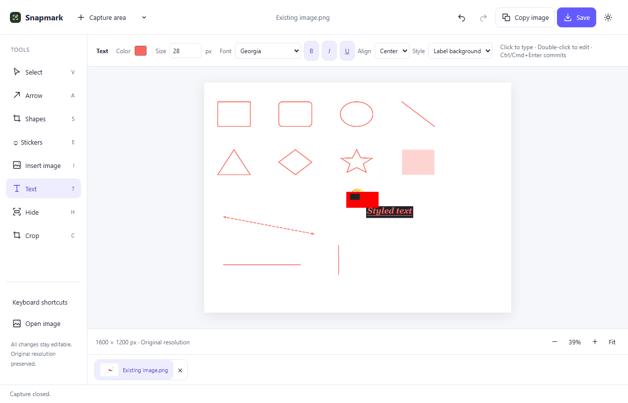 Snapmark Studio editor showing a screenshot with an arrow, text and a solid redaction. Tools sit beside the image; Copy and Save are at the top.